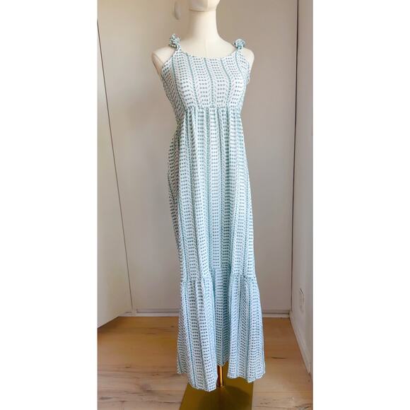 Women's Boho Eyelet Maxi Dress White/Green Ruffle bottom Sundress Bohemian Sz Sm - Picture 2 of 11